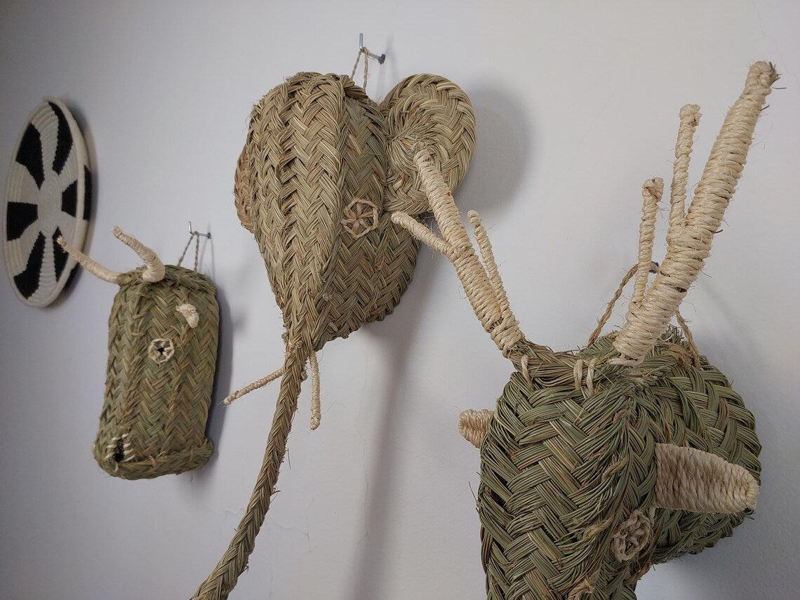 Set of 3 Handwoven bull , elephant , deer Heads Wall Hanging – Custom Rattan Wall Art, Boho Nursery Decor, Moroccan Palm Leaf Animal Head MoroccanBazzArts