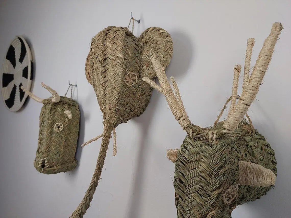 Set of 3 Handwoven bull , elephant , deer Heads Wall Hanging – Custom Rattan Wall Art, Boho Nursery Decor, Moroccan Palm Leaf Animal Head MoroccanBazzArts
