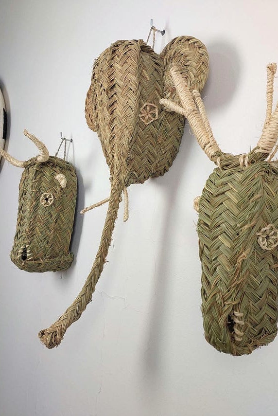 Set of 3 Handwoven bull , elephant , deer Heads Wall Hanging – Custom Rattan Wall Art, Boho Nursery Decor, Moroccan Palm Leaf Animal Head MoroccanBazzArts