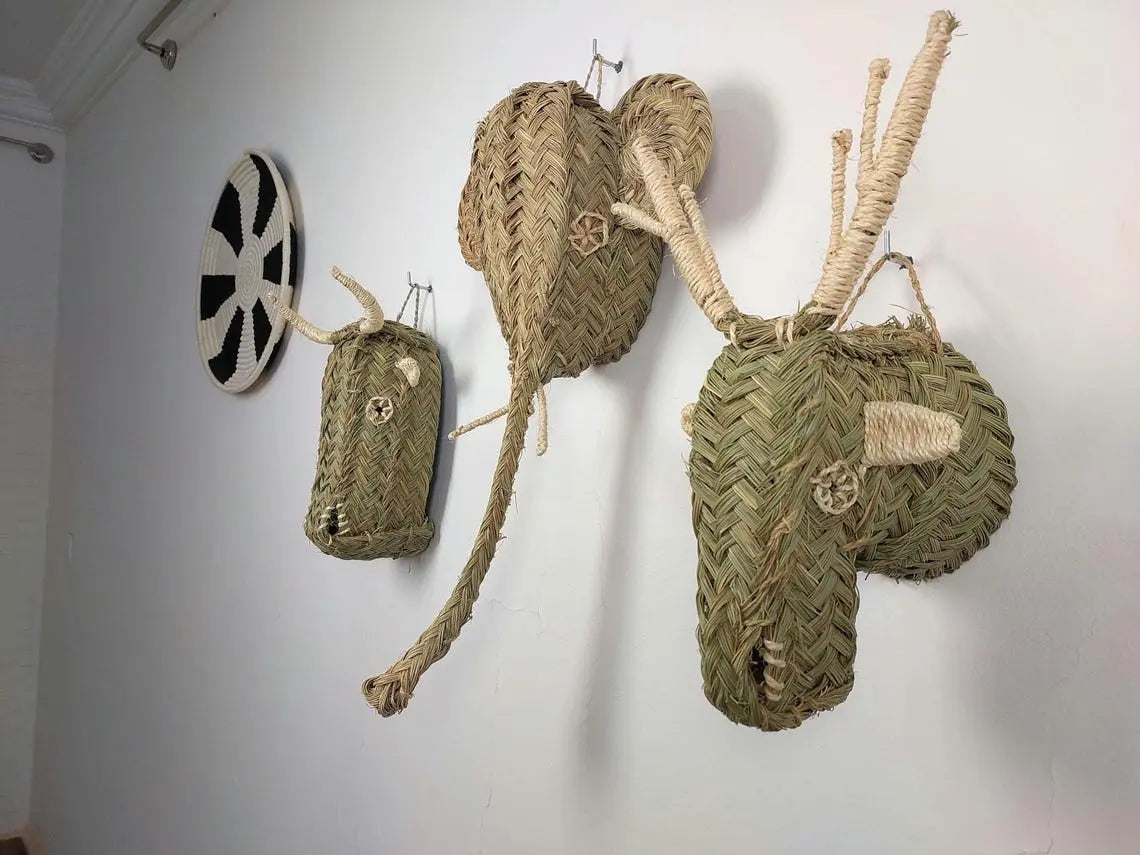 Set of 3 Handwoven bull , elephant , deer Heads Wall Hanging – Custom Rattan Wall Art, Boho Nursery Decor, Moroccan Palm Leaf Animal Head MoroccanBazzArts