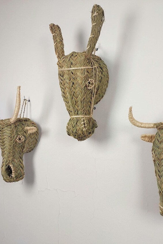 Set of 3 Handwoven bull , goat , Donkey Heads Wall Hanging – Custom Rattan Wall Art, Boho Nursery Decor, Moroccan Palm Leaf Animal Head MoroccanBazzArts