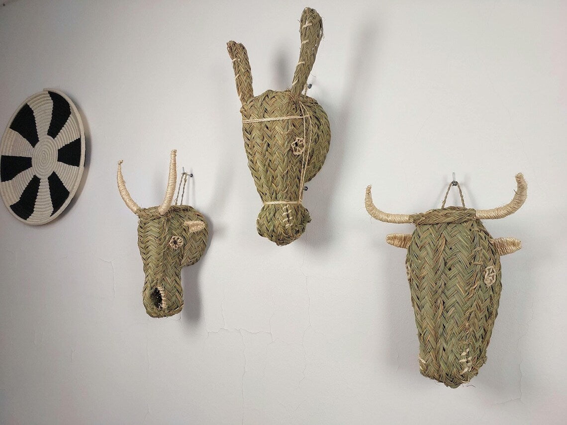 Set of 3 Handwoven bull , goat , Donkey Heads Wall Hanging – Custom Rattan Wall Art, Boho Nursery Decor, Moroccan Palm Leaf Animal Head MoroccanBazzArts