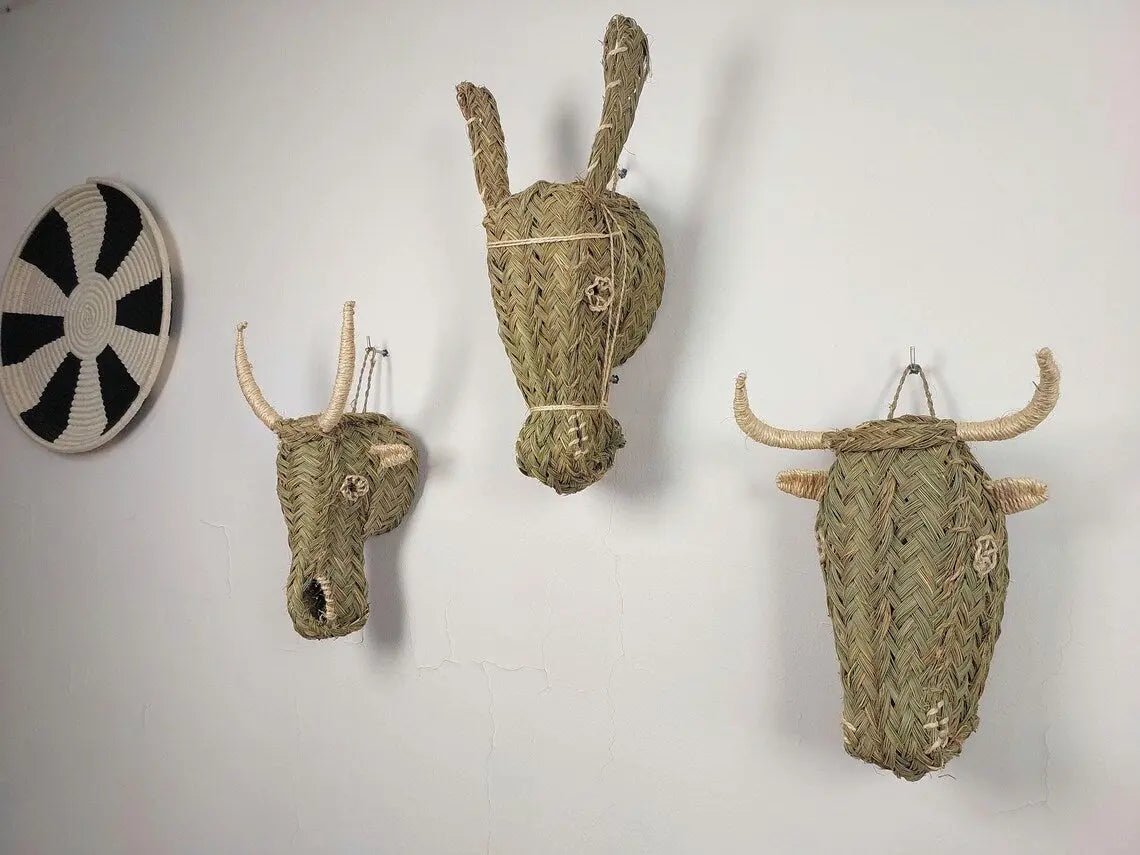 Set of 3 Handwoven bull , goat , Donkey Heads Wall Hanging – Custom Rattan Wall Art, Boho Nursery Decor, Moroccan Palm Leaf Animal Head MoroccanBazzArts
