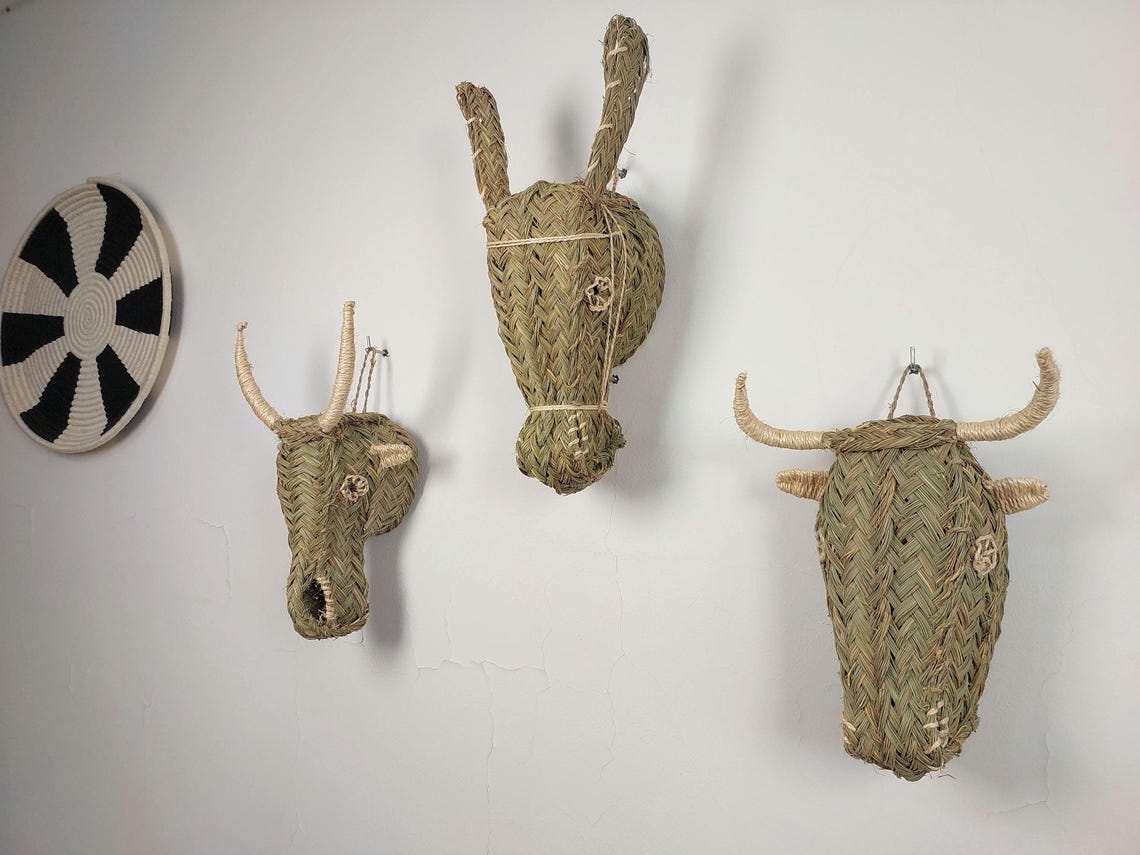 Set of 3 Handwoven bull , goat , Donkey Heads Wall Hanging – Custom Rattan Wall Art, Boho Nursery Decor, Moroccan Palm Leaf Animal Head MoroccanBazzArts