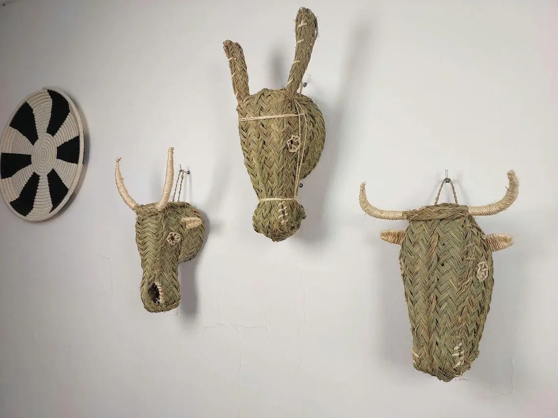 Set of 3 Handwoven bull , goat , Donkey Heads Wall Hanging – Custom Rattan Wall Art, Boho Nursery Decor, Moroccan Palm Leaf Animal Head MoroccanBazzArts