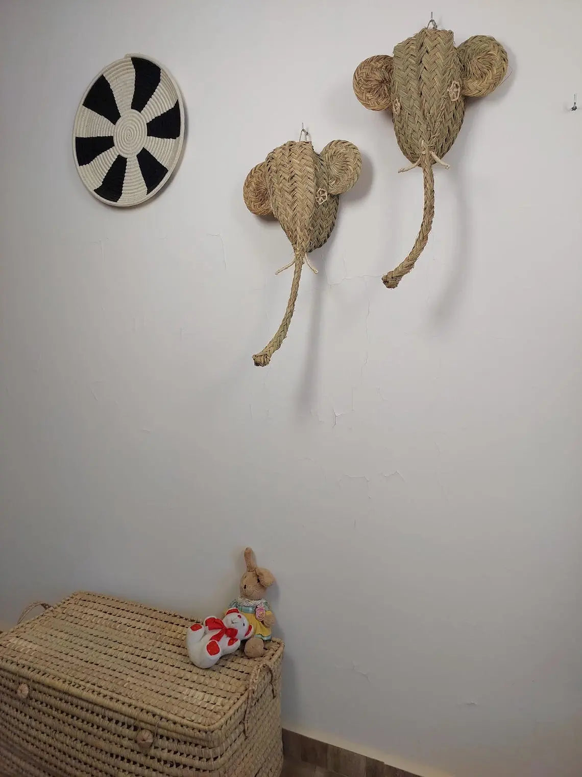 Set of two Handwoven elephant Head Wall Hanging – Custom Rattan Wall Art, Boho Nursery Decor, Moroccan Palm Leaf Animal Head MoroccanBazzArts