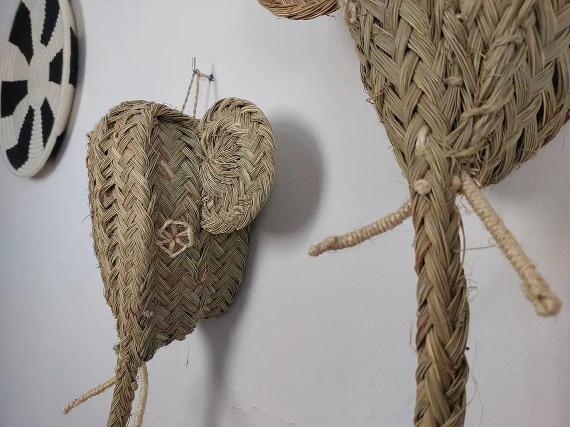 Set of two Handwoven elephant Head Wall Hanging – Custom Rattan Wall Art, Boho Nursery Decor, Moroccan Palm Leaf Animal Head MoroccanBazzArts