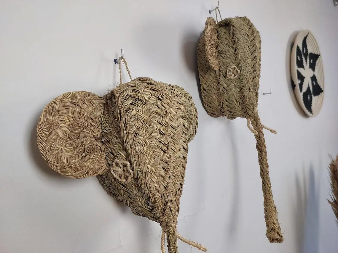 Set of two Handwoven elephant Head Wall Hanging – Custom Rattan Wall Art, Boho Nursery Decor, Moroccan Palm Leaf Animal Head MoroccanBazzArts