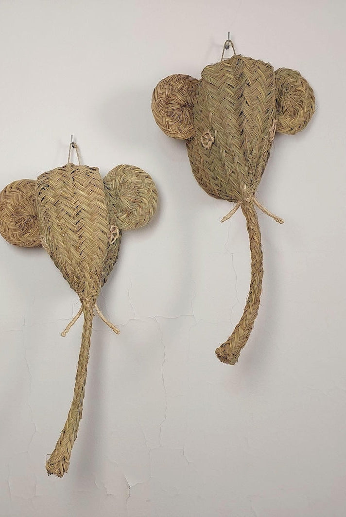Set of two Handwoven elephant Head Wall Hanging – Custom Rattan Wall Art, Boho Nursery Decor, Moroccan Palm Leaf Animal Head MoroccanBazzArts