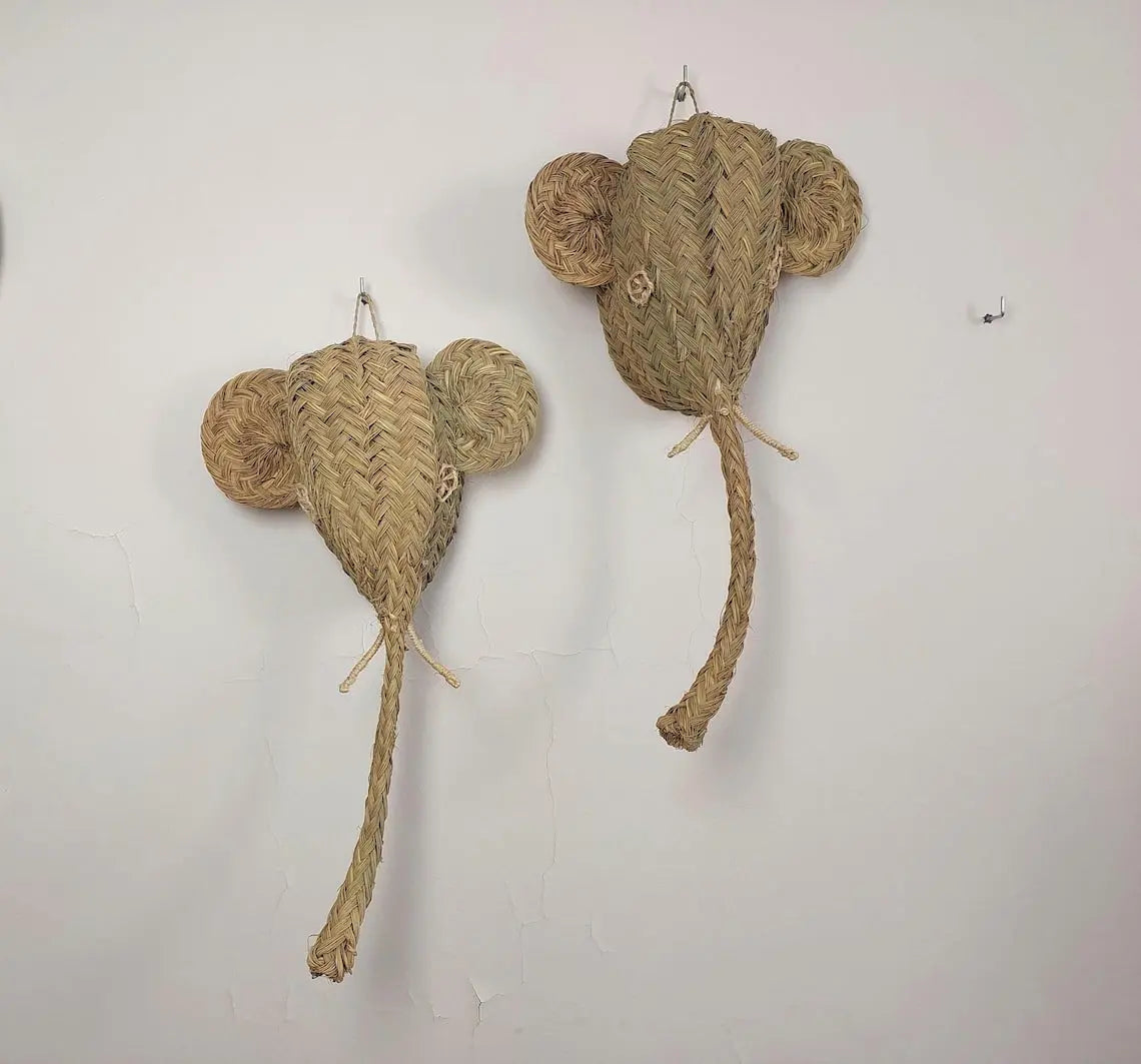 Set of two Handwoven elephant Head Wall Hanging – Custom Rattan Wall Art, Boho Nursery Decor, Moroccan Palm Leaf Animal Head MoroccanBazzArts