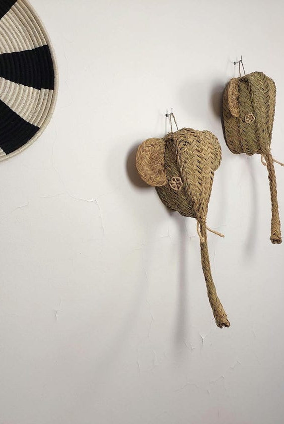 Set of two Handwoven elephant Head Wall Hanging – Custom Rattan Wall Art, Boho Nursery Decor, Moroccan Palm Leaf Animal Head MoroccanBazzArts