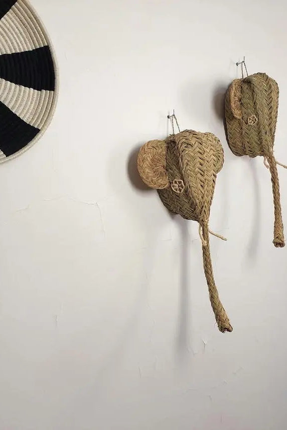 Set of two Handwoven elephant Head Wall Hanging – Custom Rattan Wall Art, Boho Nursery Decor, Moroccan Palm Leaf Animal Head MoroccanBazzArts