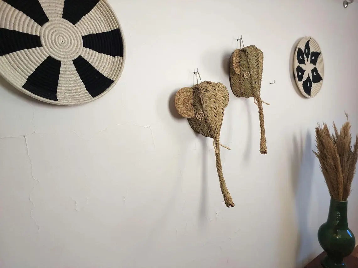 Set of two Handwoven elephant Head Wall Hanging – Custom Rattan Wall Art, Boho Nursery Decor, Moroccan Palm Leaf Animal Head MoroccanBazzArts