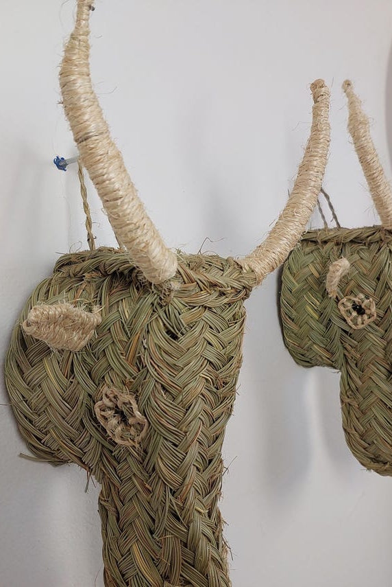 Set Of 2 Goat Head Wall Hangings – Custom Handmade Rattan Animal Head Wall Art, Bohemian Rustic Decor, Moroccan Palm Leaf MoroccanBazzArts