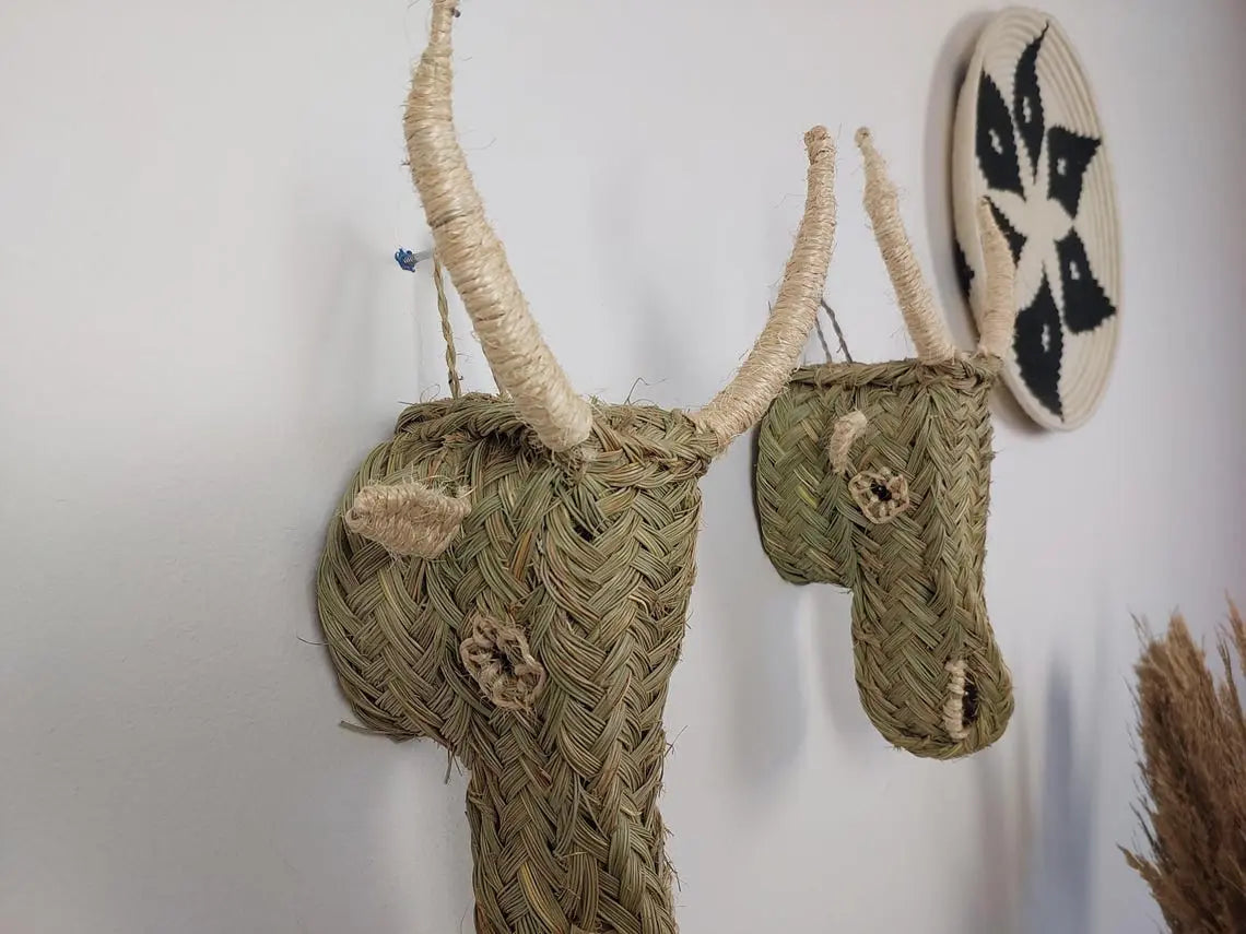 Set Of 2 Goat Head Wall Hangings – Custom Handmade Rattan Animal Head Wall Art, Bohemian Rustic Decor, Moroccan Palm Leaf MoroccanBazzArts