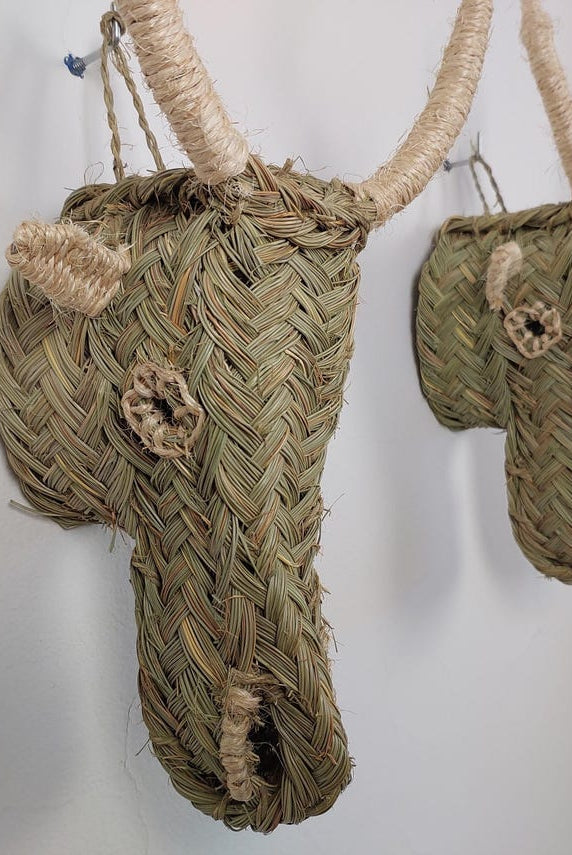 Set Of 2 Goat Head Wall Hangings – Custom Handmade Rattan Animal Head Wall Art, Bohemian Rustic Decor, Moroccan Palm Leaf MoroccanBazzArts