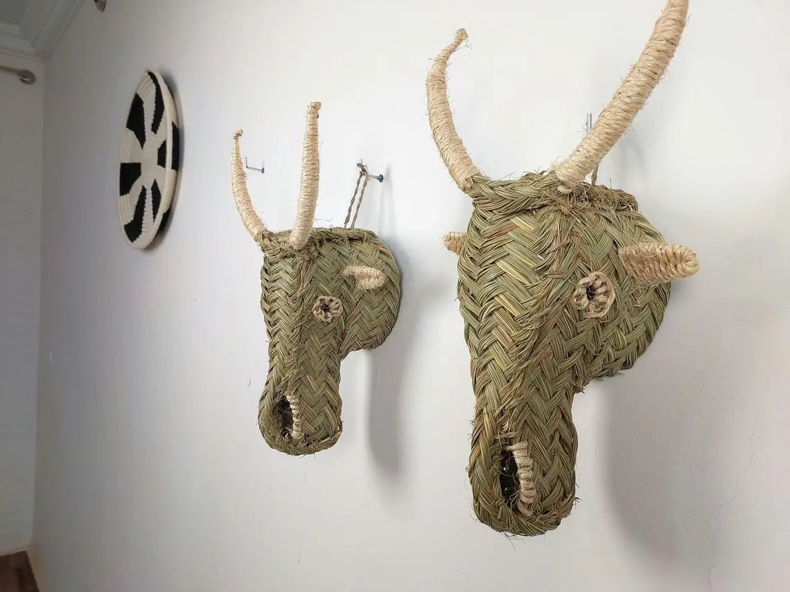 Set Of 2 Goat Head Wall Hangings – Custom Handmade Rattan Animal Head Wall Art, Bohemian Rustic Decor, Moroccan Palm Leaf MoroccanBazzArts