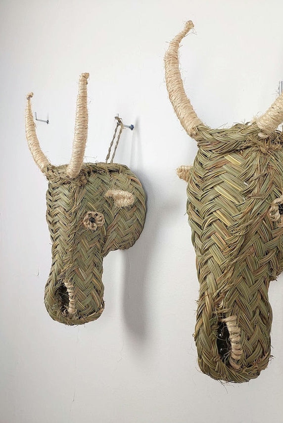 Set Of 2 Goat Head Wall Hangings – Custom Handmade Rattan Animal Head Wall Art, Bohemian Rustic Decor, Moroccan Palm Leaf MoroccanBazzArts
