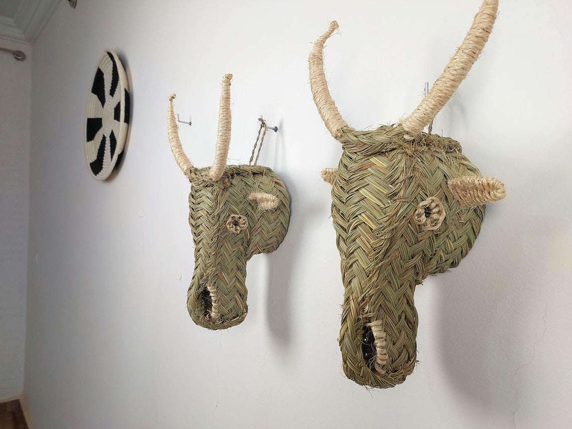 Set Of 2 Goat Head Wall Hangings – Custom Handmade Rattan Animal Head Wall Art, Bohemian Rustic Decor, Moroccan Palm Leaf MoroccanBazzArts