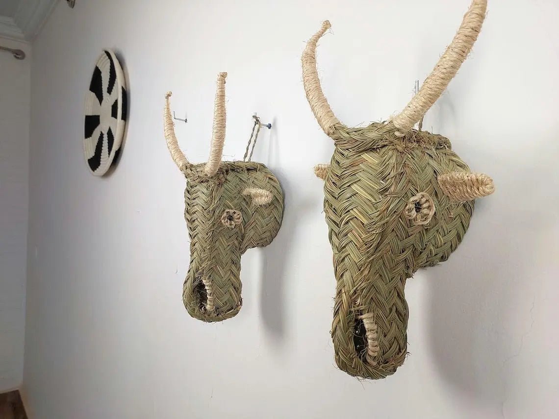Set Of 2 Goat Head Wall Hangings – Custom Handmade Rattan Animal Head Wall Art, Bohemian Rustic Decor, Moroccan Palm Leaf MoroccanBazzArts