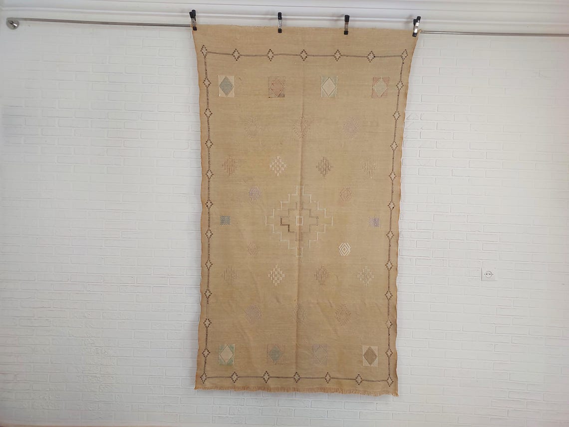 Vintage Moroccan Cactus Silk Rug, Faded Yellow Sabra Rug 4x7 ft, Handmade Boho Carpet, Natural Dye Vintage Textile, Ready to Ship MoroccanBazzArts