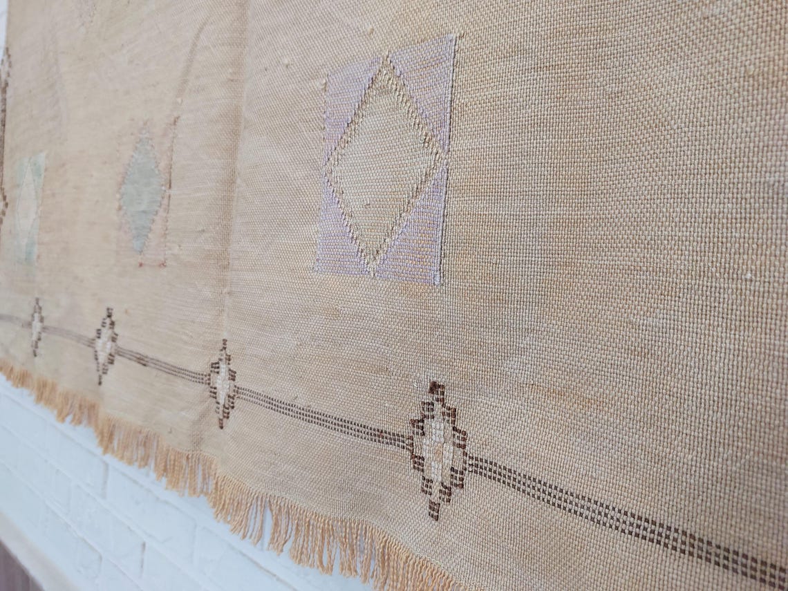 Vintage Moroccan Cactus Silk Rug, Faded Yellow Sabra Rug 4x7 ft, Handmade Boho Carpet, Natural Dye Vintage Textile, Ready to Ship MoroccanBazzArts