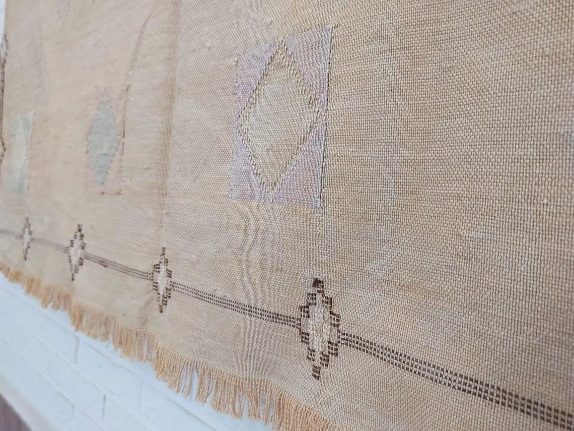 Vintage Moroccan Cactus Silk Rug, Faded Yellow Sabra Rug 4x7 ft, Handmade Boho Carpet, Natural Dye Vintage Textile, Ready to Ship MoroccanBazzArts