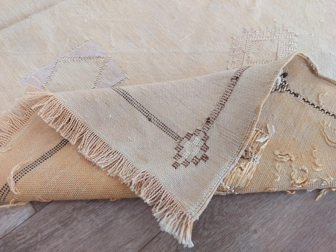 Vintage Moroccan Cactus Silk Rug, Faded Yellow Sabra Rug 4x7 ft, Handmade Boho Carpet, Natural Dye Vintage Textile, Ready to Ship MoroccanBazzArts