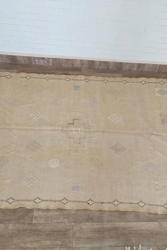 Vintage Moroccan Cactus Silk Rug, Faded Yellow Sabra Rug 4x7 ft, Handmade Boho Carpet, Natural Dye Vintage Textile, Ready to Ship MoroccanBazzArts