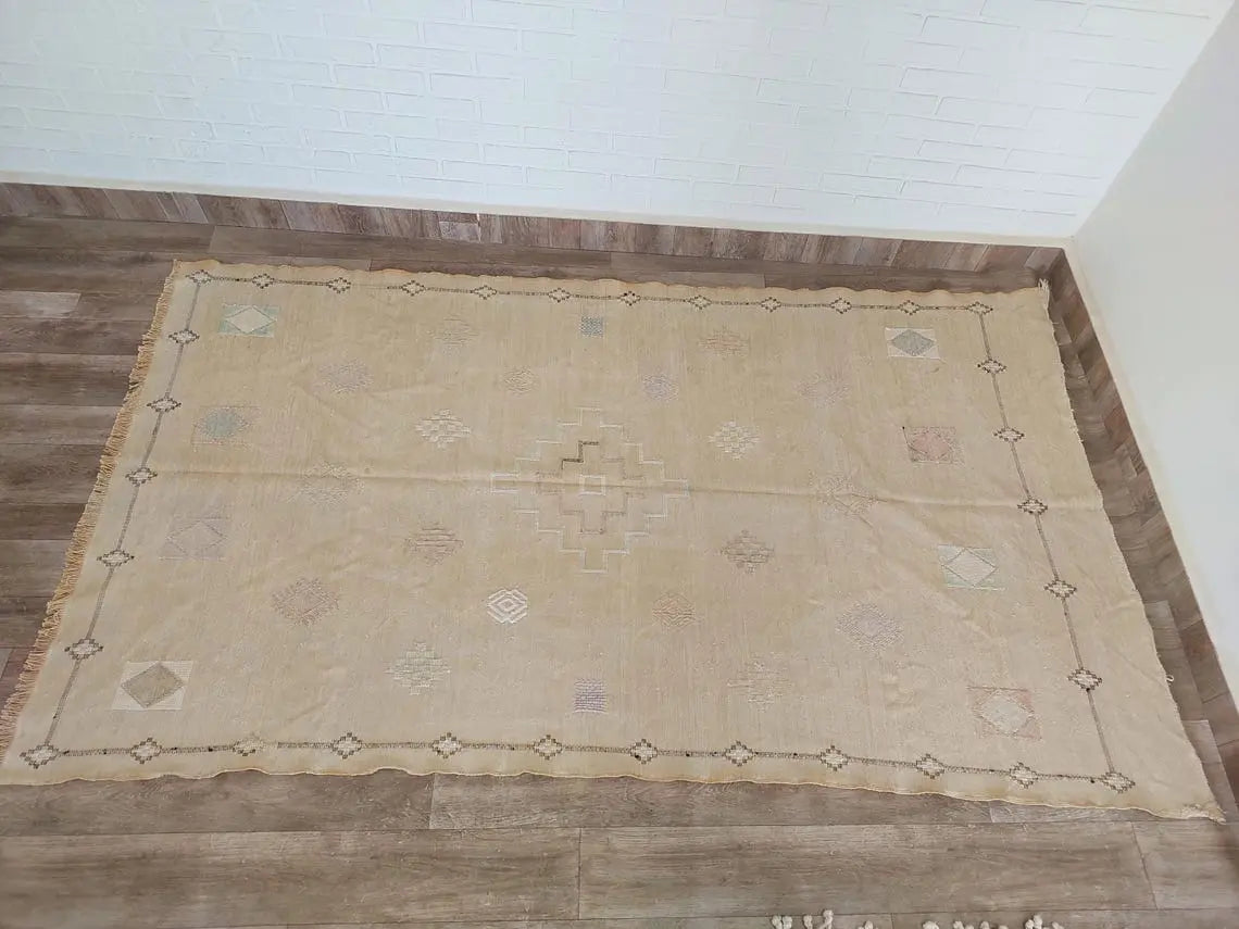 Vintage Moroccan Cactus Silk Rug, Faded Yellow Sabra Rug 4x7 ft, Handmade Boho Carpet, Natural Dye Vintage Textile, Ready to Ship MoroccanBazzArts