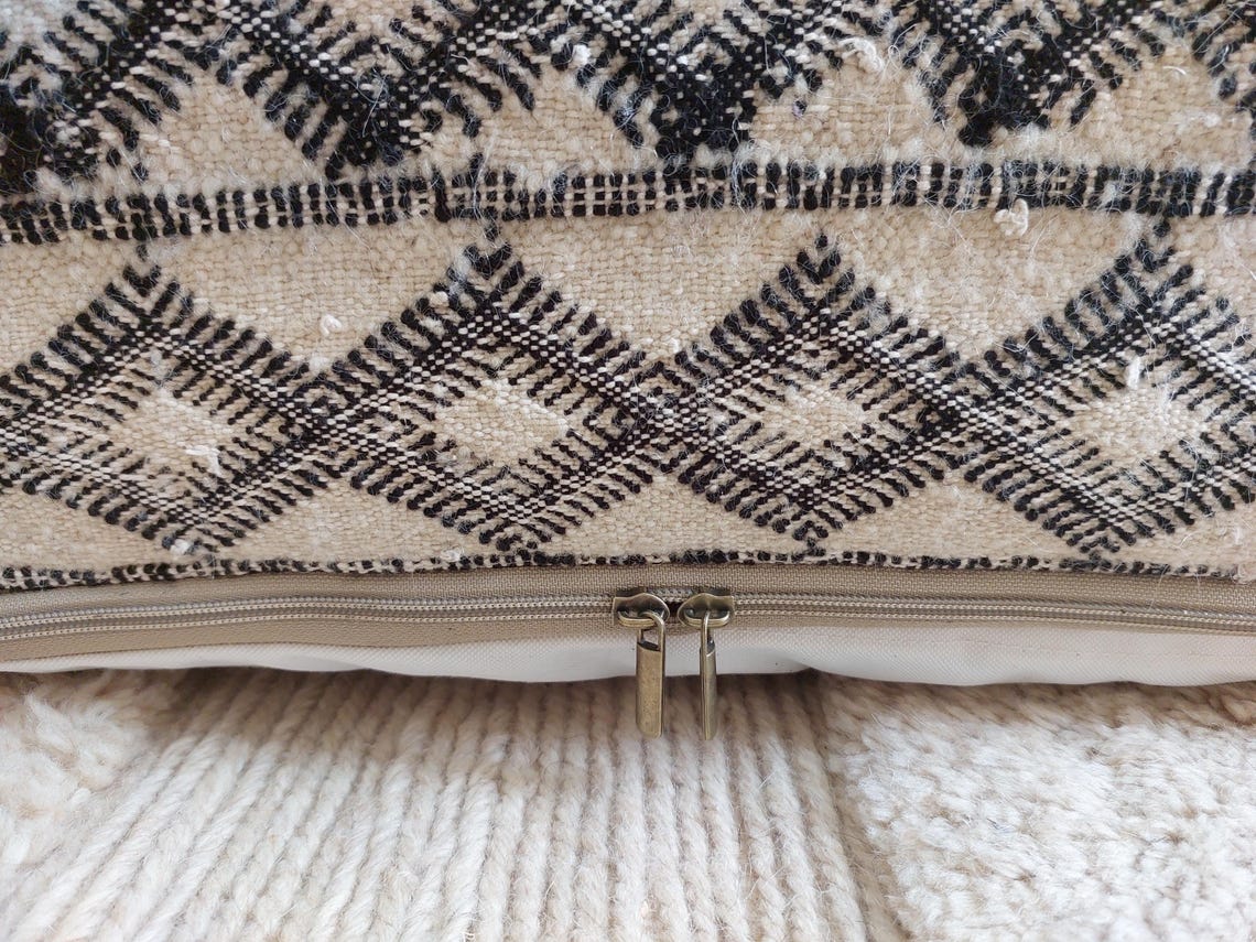 Vintage Moroccan Kilim Pouf: Handmade Berber Floor Cushion, Wool Ottoman, In Black And White MoroccanBazzArts