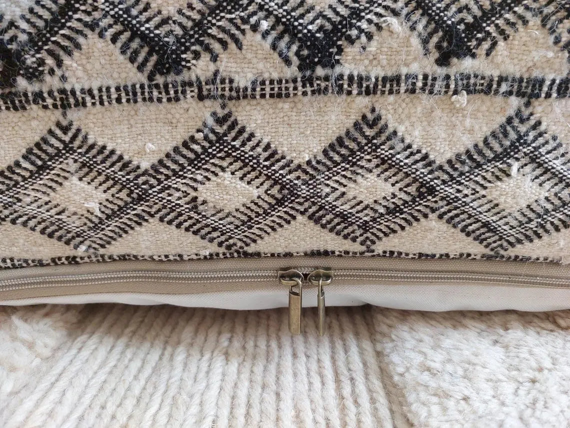 Vintage Moroccan Kilim Pouf: Handmade Berber Floor Cushion, Wool Ottoman, In Black And White MoroccanBazzArts