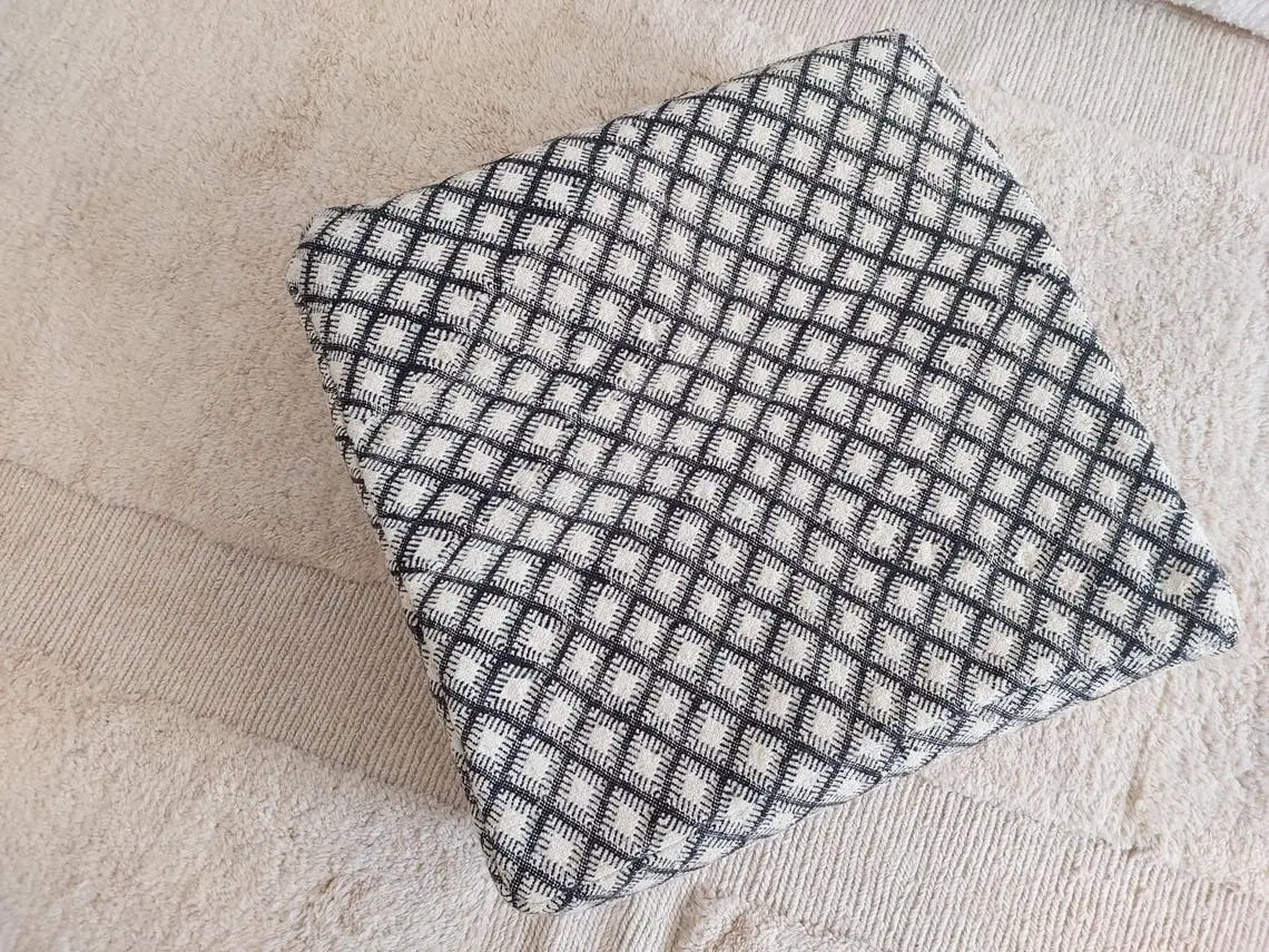 Vintage Moroccan Kilim Pouf: Handmade Berber Floor Cushion, Wool Ottoman, In Black And White MoroccanBazzArts