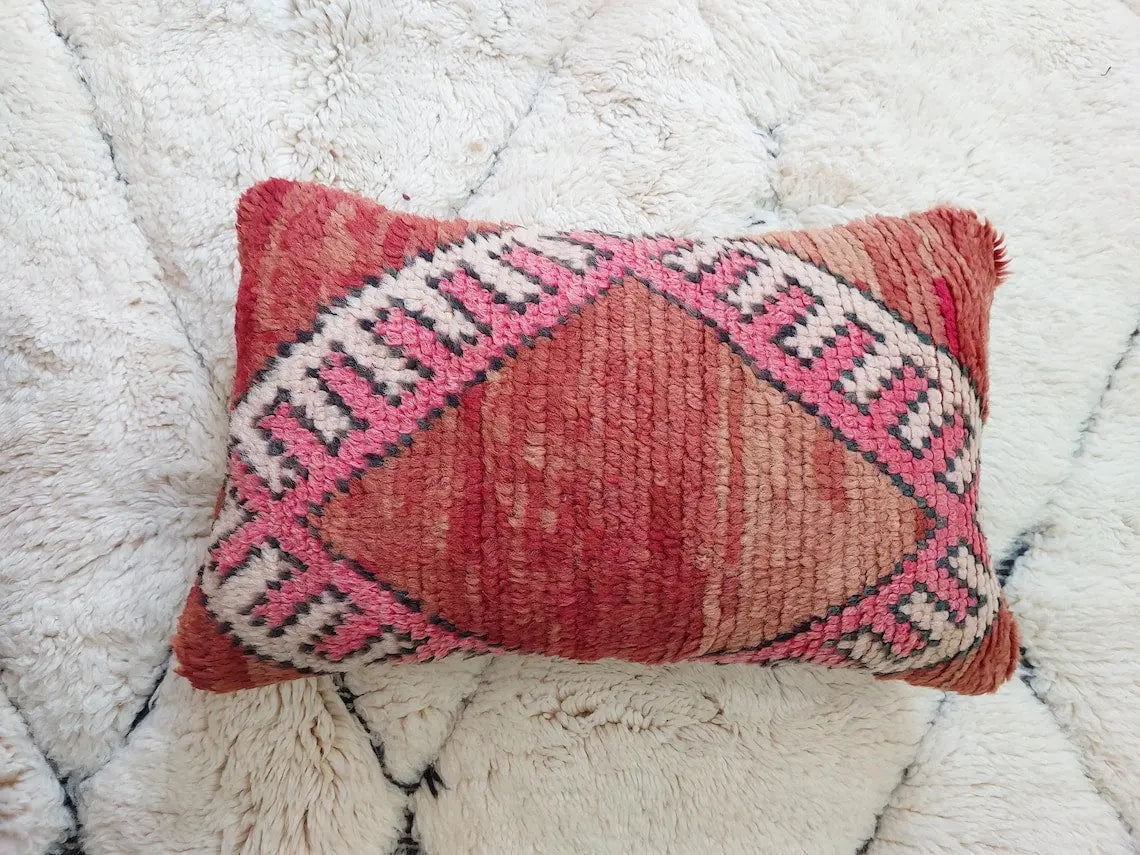 Vintage Boujaad Wool Cushion - Handmade Moroccan Tribal Pink Pillow Case MoroccanBazzArts