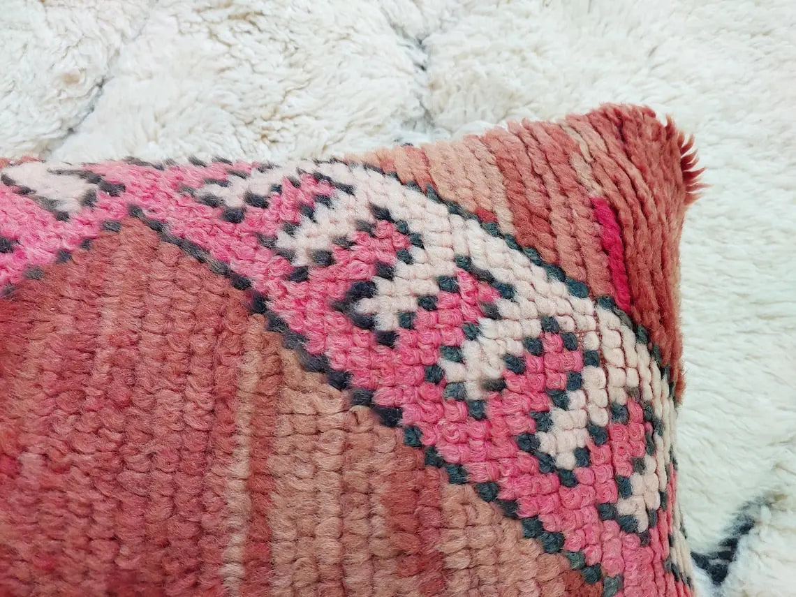 Vintage Boujaad Wool Cushion - Handmade Moroccan Tribal Pink Pillow Case MoroccanBazzArts
