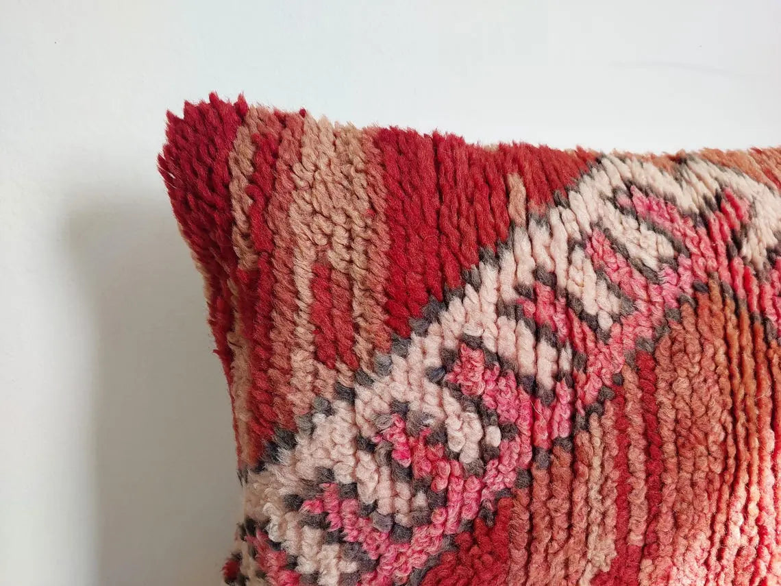 Vintage Boujaad Wool Cushion - Handmade Moroccan Tribal Pink Pillow Case MoroccanBazzArts