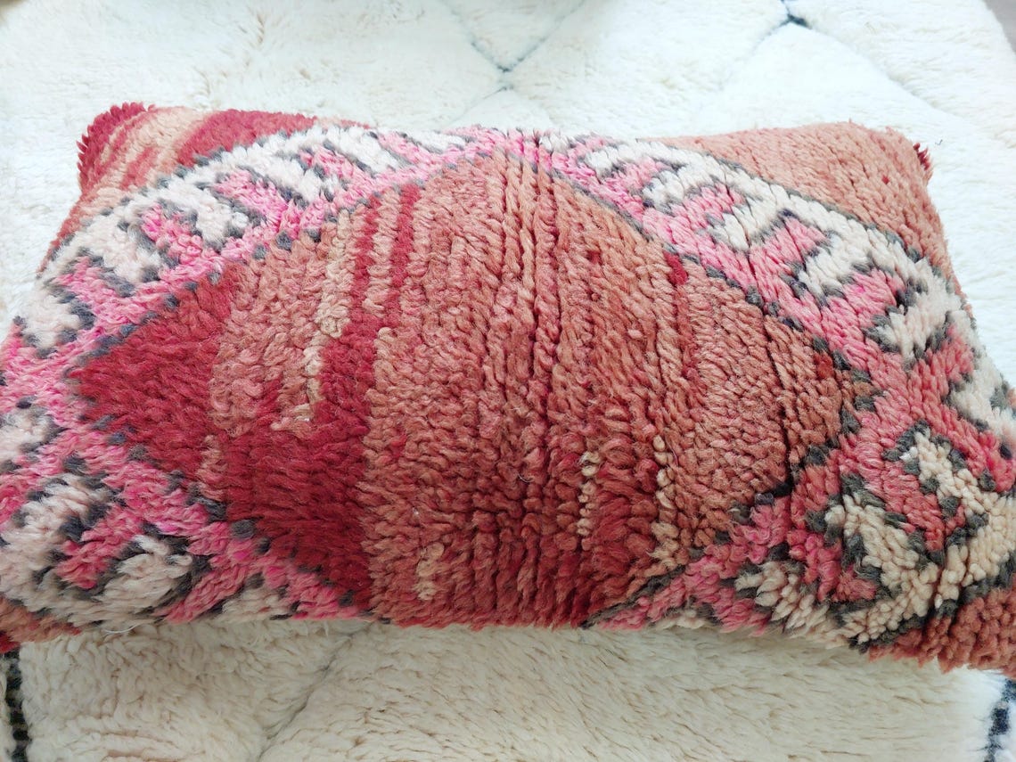 Vintage Boujaad Wool Cushion - Handmade Moroccan Tribal Pink Pillow Case MoroccanBazzArts