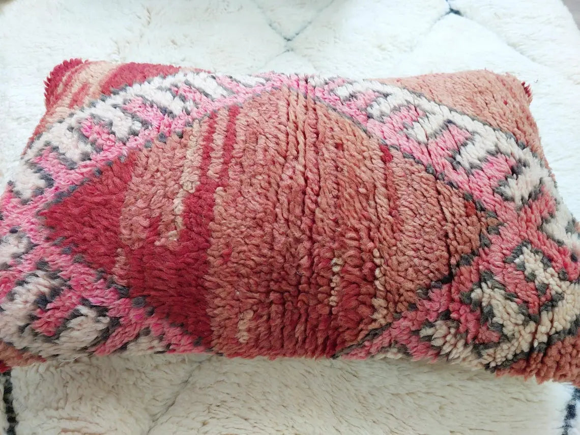 Vintage Boujaad Wool Cushion - Handmade Moroccan Tribal Pink Pillow Case MoroccanBazzArts