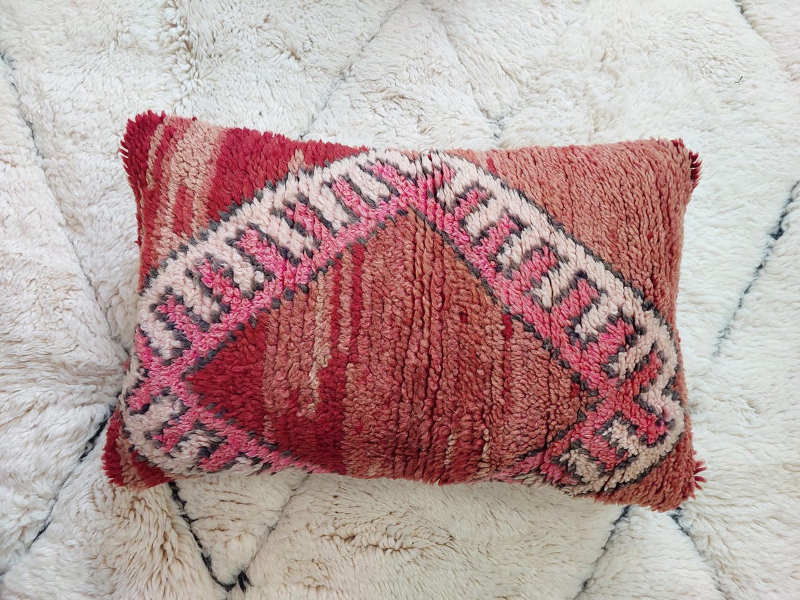 Vintage Boujaad Wool Cushion - Handmade Moroccan Tribal Pink Pillow Case MoroccanBazzArts