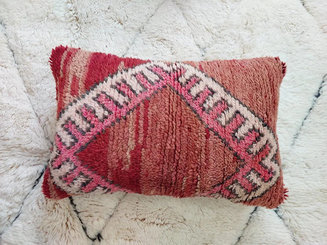 Vintage Boujaad Wool Cushion - Handmade Moroccan Tribal Pink Pillow Case MoroccanBazzArts