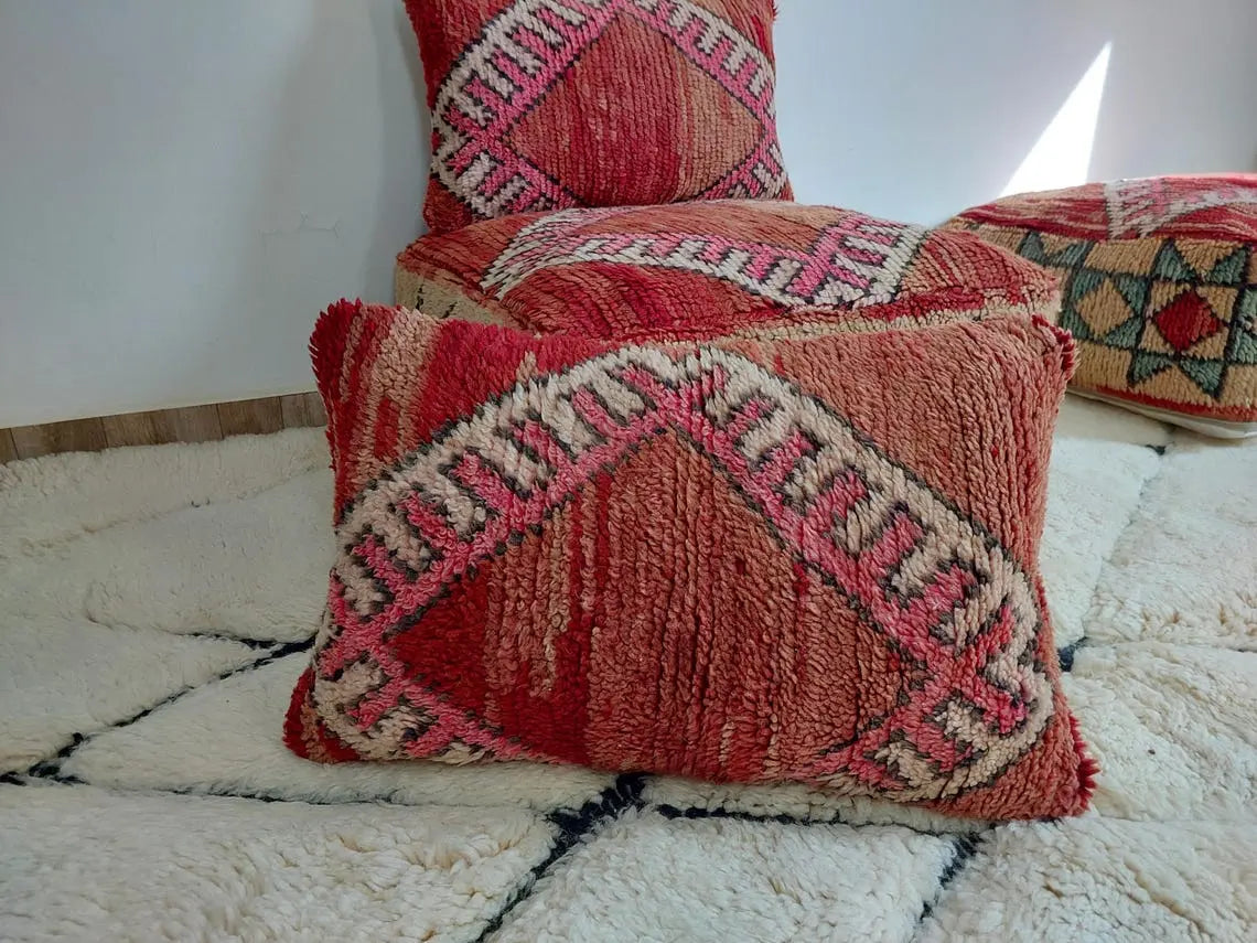 Vintage Boujaad Wool Cushion - Handmade Moroccan Tribal Pink Pillow Case MoroccanBazzArts