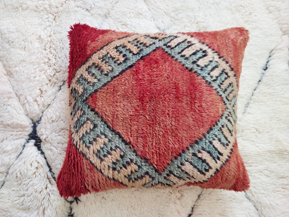 Vintage Boujaad Wool Cushion - Handmade Moroccan Tribal green Pillow Case MoroccanBazzArts