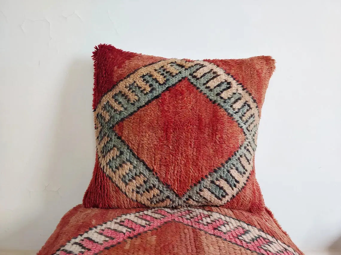 Vintage Boujaad Wool Cushion - Handmade Moroccan Tribal green Pillow Case MoroccanBazzArts