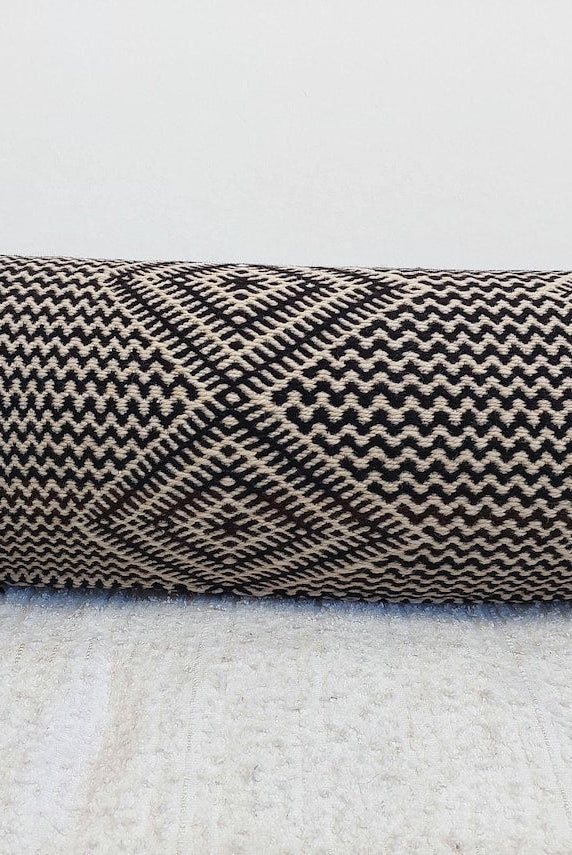 Vintage Zanafi Bolster Pillow 9"X22" , Handmade Moroccan Wool Cushion, Black And White Tribal Boho Decor, Rug Pillow With Zipper MoroccanBazzArts