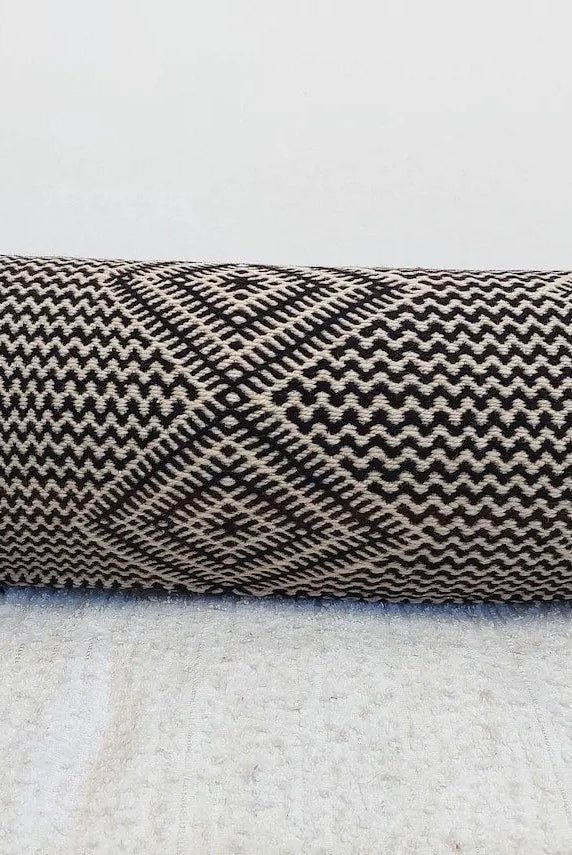Vintage Zanafi Bolster Pillow 9"X22" , Handmade Moroccan Wool Cushion, Black And White Tribal Boho Decor, Rug Pillow With Zipper MoroccanBazzArts
