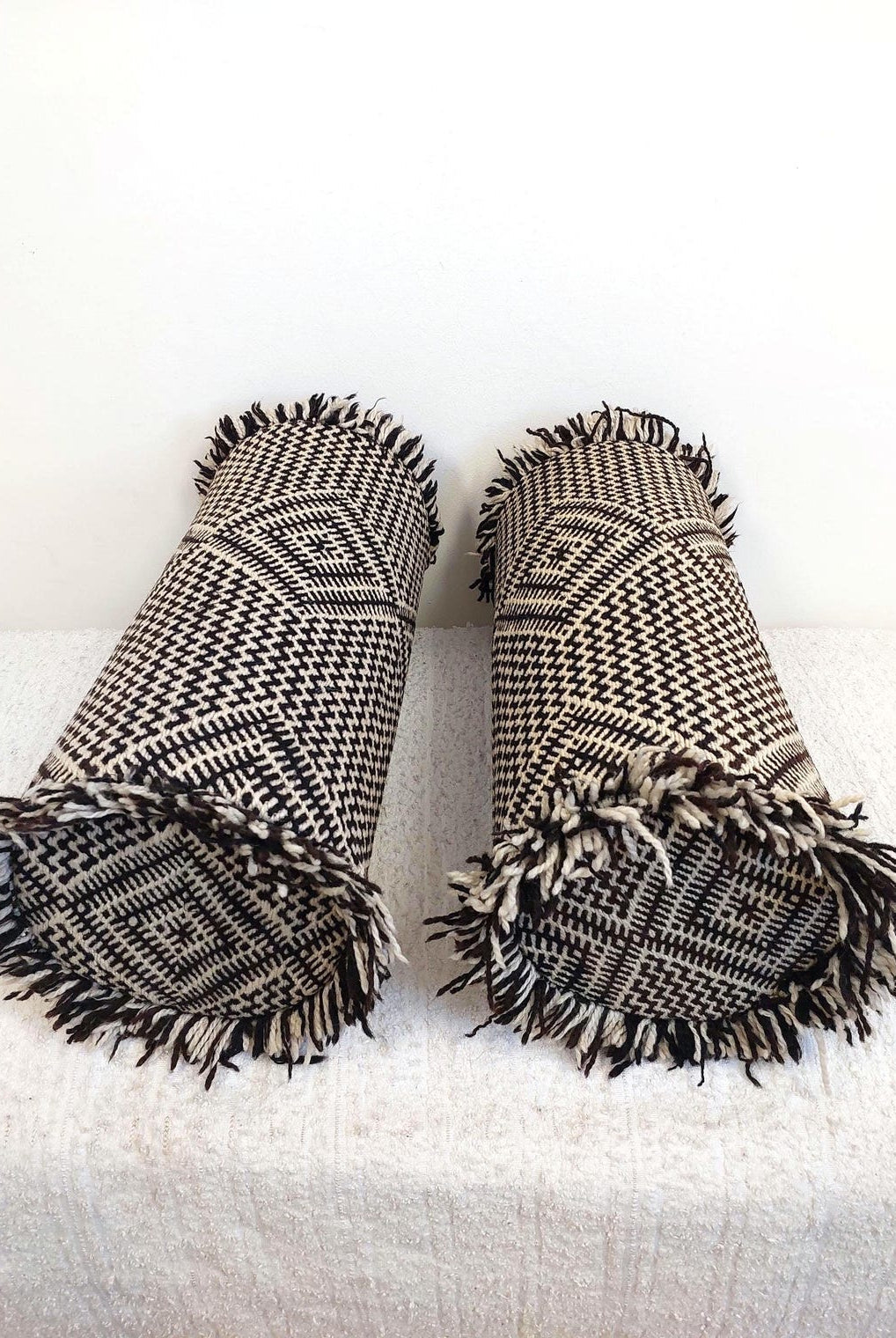 Vintage Zanafi Bolster Pillow 9"X22" , Handmade Moroccan Wool Cushion, Black And White Tribal Boho Decor, Rug Pillow With Zipper MoroccanBazzArts