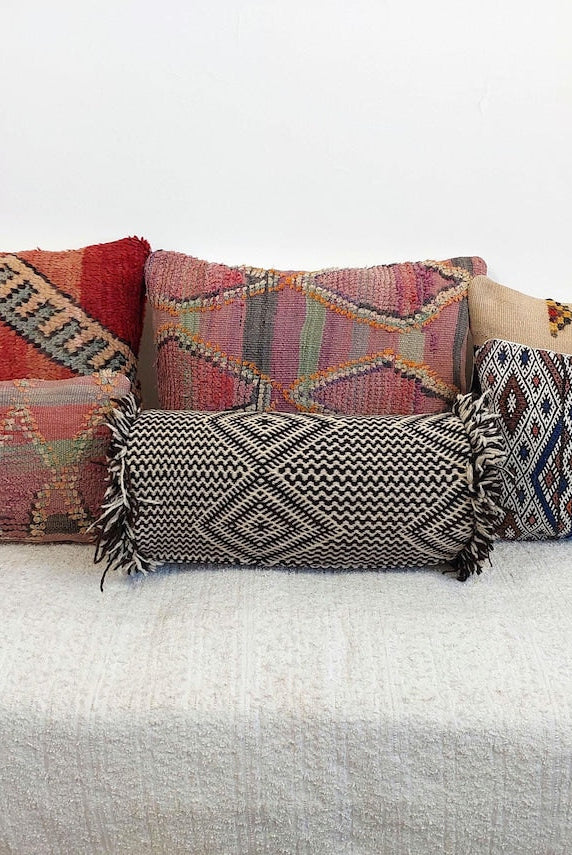 Vintage Zanafi Bolster Pillow 9"X22" , Handmade Moroccan Wool Cushion, Black And White Tribal Boho Decor, Rug Pillow With Zipper MoroccanBazzArts