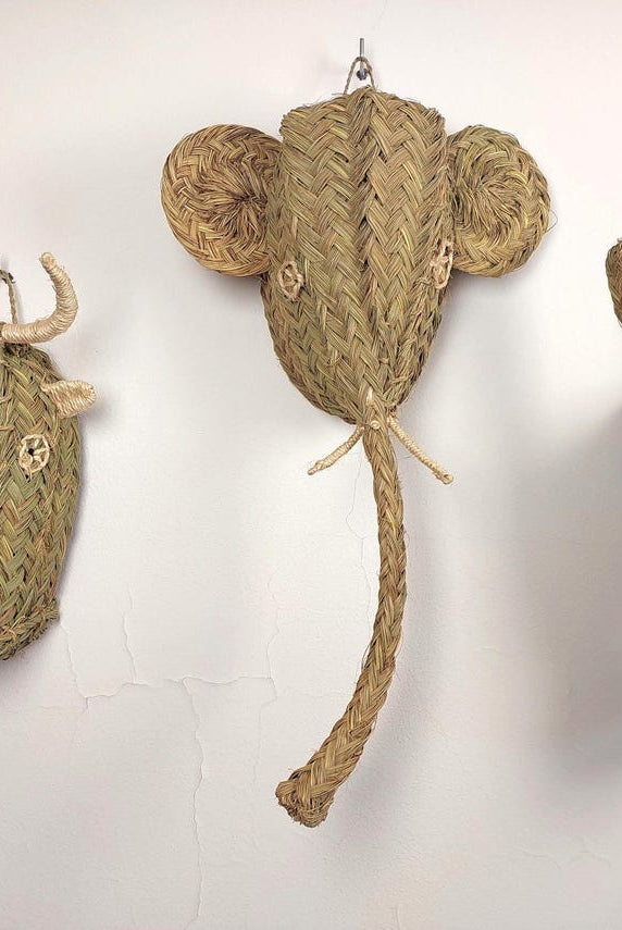 Set Of 3 Handwoven Bull , Elephant , Donkey Heads Wall Hanging – Custom Rattan Wall Art, Boho Nursery Decor, Moroccan Palm Leaf Animal Head MoroccanBazzArts