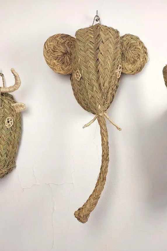 Set Of 3 Handwoven Bull , Elephant , Donkey Heads Wall Hanging – Custom Rattan Wall Art, Boho Nursery Decor, Moroccan Palm Leaf Animal Head MoroccanBazzArts