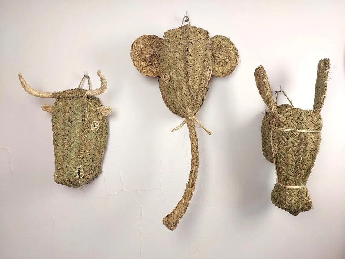 Set Of 3 Handwoven Bull , Elephant , Donkey Heads Wall Hanging – Custom Rattan Wall Art, Boho Nursery Decor, Moroccan Palm Leaf Animal Head MoroccanBazzArts
